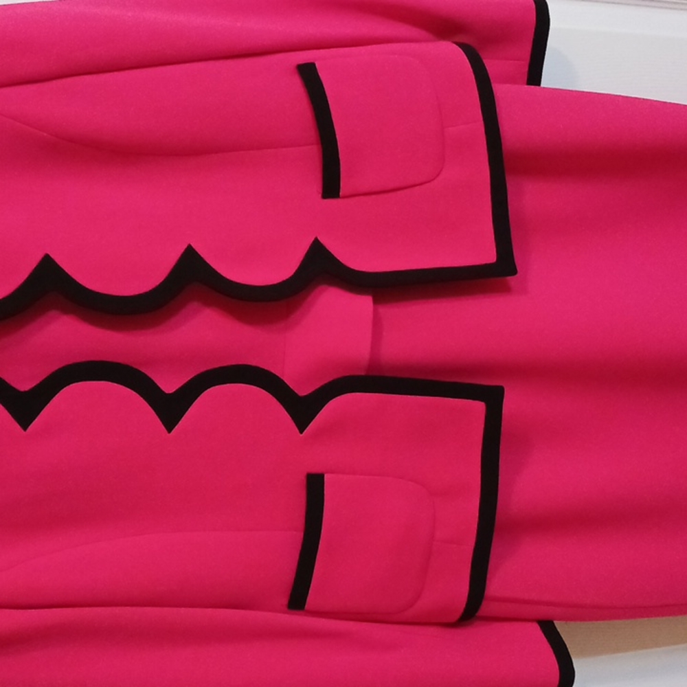 Fuschia Dress and jacket. Black scalloped piping around jacket,trim on pockets